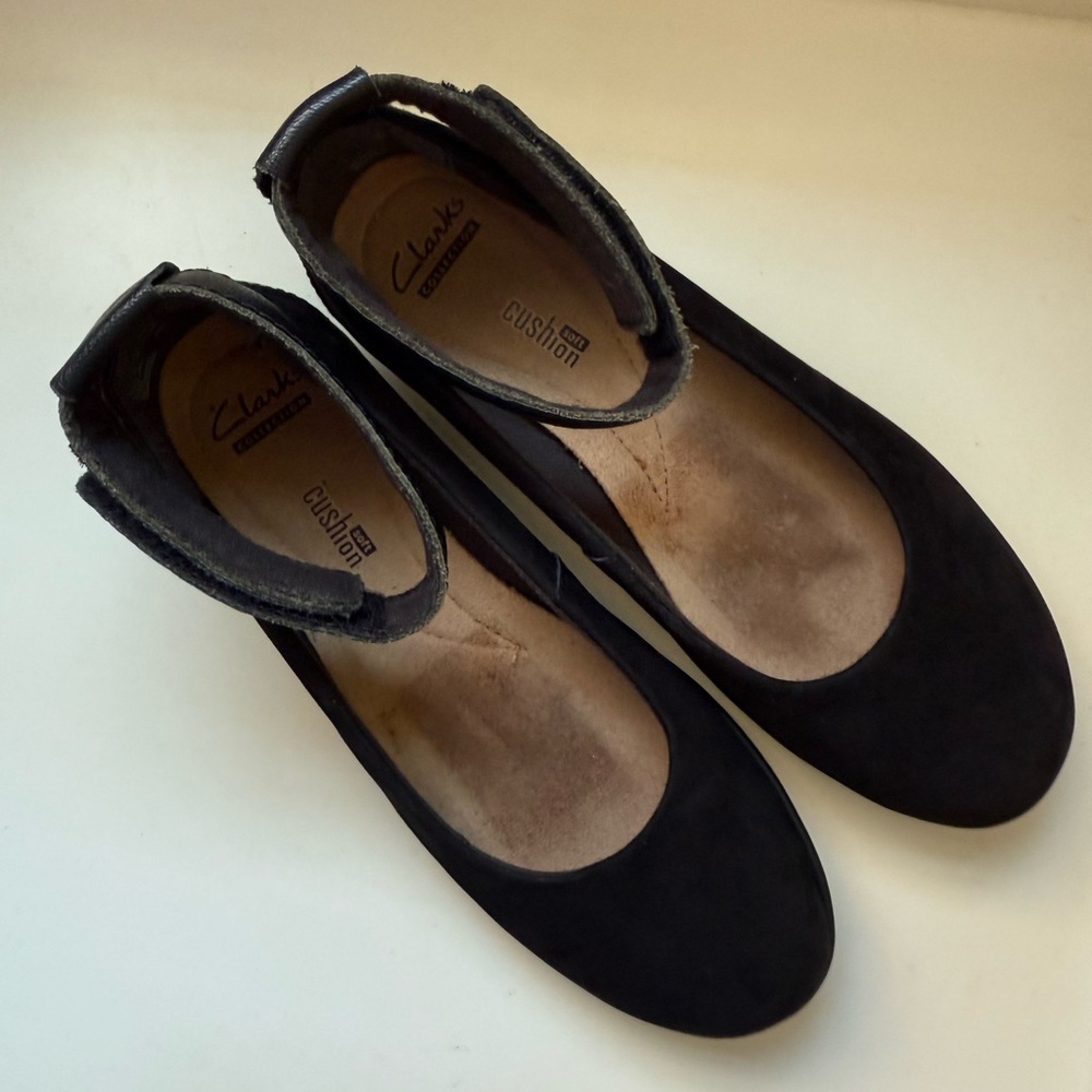 Clarks Collection Medora Nina Black Suede Flats with an Ankle Strap - Picture 2 of 8